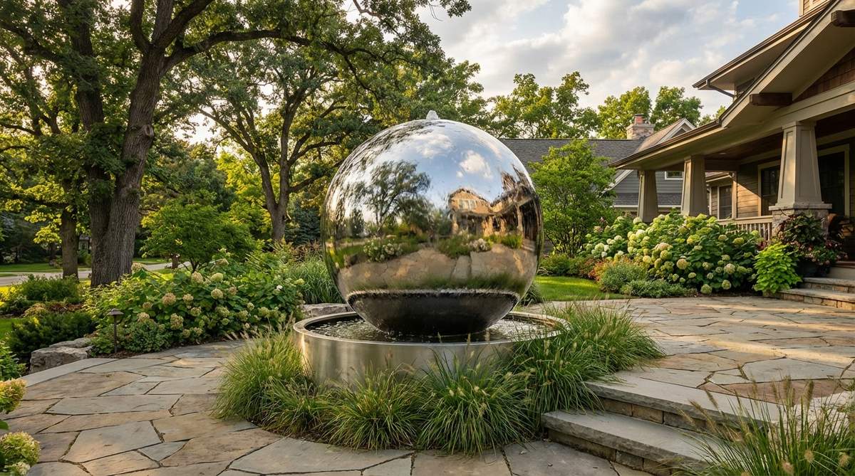 A large mirror-polished stainless steel sphere fountain up to 84 inches in diameter, reflecting surrounding landscapes with distorted perspectives. Water flows evenly from the apex across the reflective surface, recirculating through a basin. The durable 304 or 316 stainless steel construction withstands harsh weather, creating a living sculpture that captures sky, foliage, and architectural elements throughout the day.