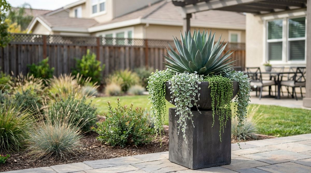 A modern pedestal planter elevated 18-24 inches off the ground, featuring a single dramatic specimen plant such as agave, echeveria, or architectural succulents. The raised position showcases trailing plants, improves drainage, protects from ground moisture, and creates a sculptural focal point for outdoor decor.