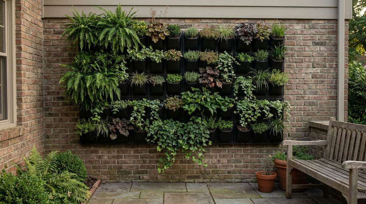 A prefabricated modular living wall system with individual planting pockets attached to an exterior wall, showcasing a variety of trailing and upright plants in a dense vertical garden that enhances small garden spaces.