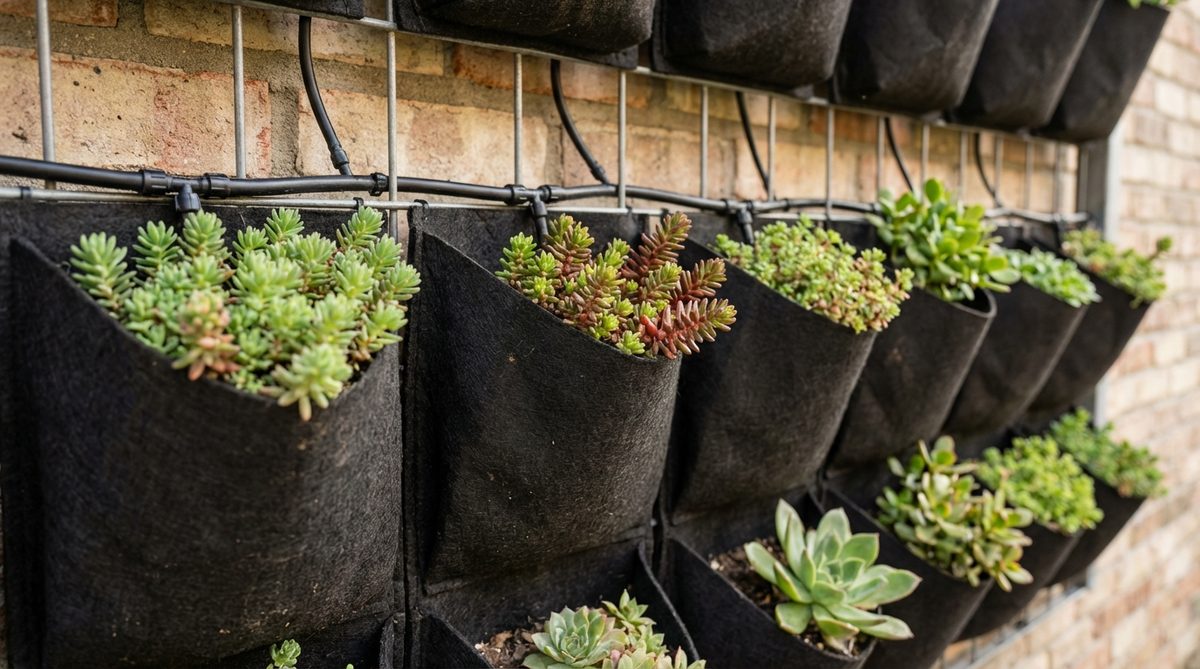 A close-up view of a modular planter pocket system mounted on an outdoor wall, showing individual fabric pockets containing various plants like sedums and succulents. The system features a grid framework with automatic drip irrigation tubing visible in the background, demonstrating how these pockets allow for independent plant care and easy seasonal swaps to maintain year-round color and texture variation in outdoor decor.