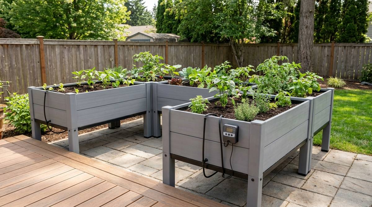 Three interlocking polypropylene planters with adjustable legs, forming a customizable garden bed system. Each 33cm-high unit provides 0.5 square meters of growing area with built-in drip irrigation and timer controls.