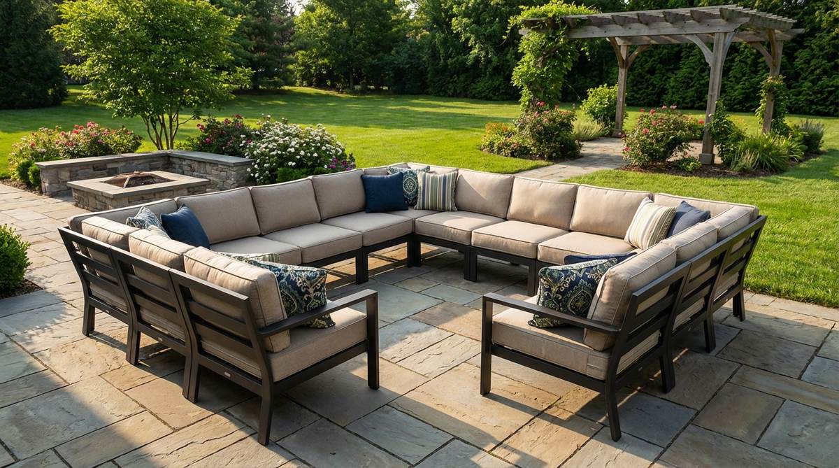 A modular sectional sofa for outdoor spaces, featuring individual seating units with aluminum frames and marine-grade cushions. The pieces can be rearranged to accommodate different group sizes, with neutral upholstery and seasonal accent pillows.