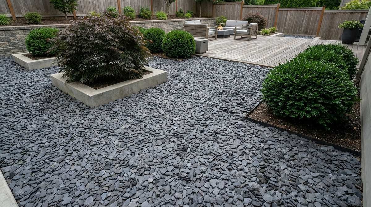 A contemporary garden design featuring uniform grey slate chips that create a sophisticated and simple monochrome carpet. The flat, angular fragments interlock naturally to resist displacement from foot traffic, installed over a compacted subgrade with landscape fabric to prevent weeds. This neutral-toned backdrop is ideal for showcasing specimen shrubs with bold foliage or architectural forms.