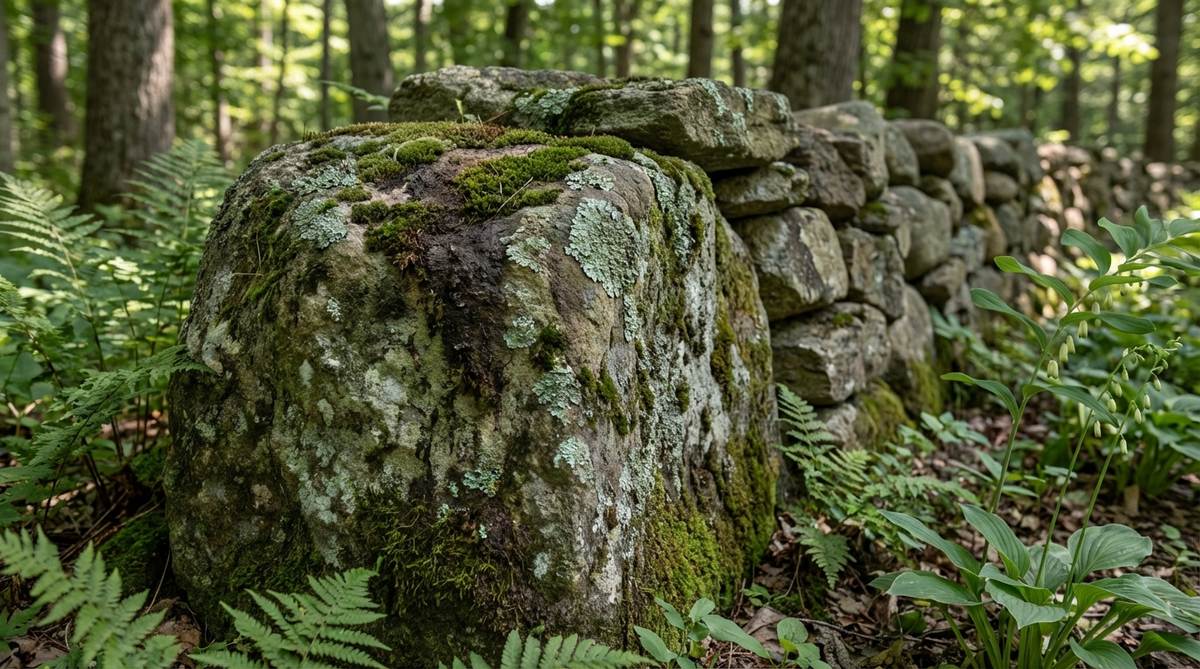 A close-up image of a moss-covered aged fieldstone used in a stone garden wall, showcasing its natural patina, lichen colonies, and textured surface that adds rustic character and blends seamlessly into a shaded woodland garden setting.