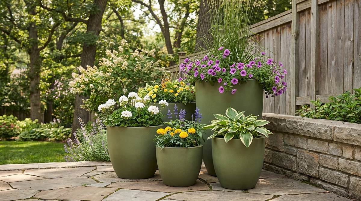 A set of five ceramic pots in graduated sizes with matte moss green finish, arranged in a cluster for outdoor decor. This monochromatic container strategy allows floral variety to stand out without visual competition, with the tallest planter positioned at the back corner.