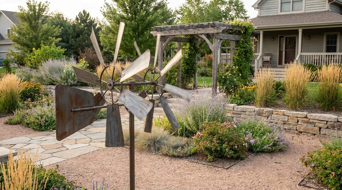 A contemporary kinetic sculpture featuring multiple wind turbine blades radiating from a central hub, creating layered rotation effects in a garden setting. This industrial-inspired artwork combines mechanical aesthetics with functional wind-powered movement.