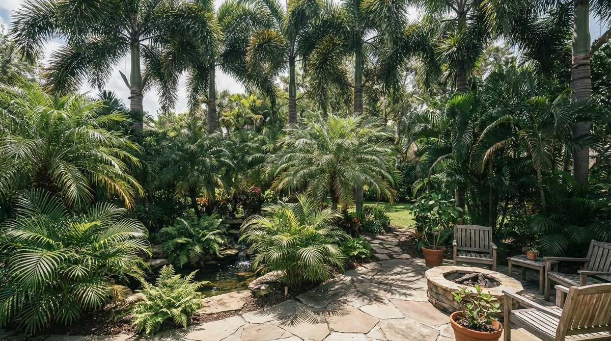 A lush tropical garden scene showcasing a multi-tier palm canopy with tall majesty palms, mid-level areca palms, and low parlor palms, illustrating natural rainforest stratification and complex shadow patterns.