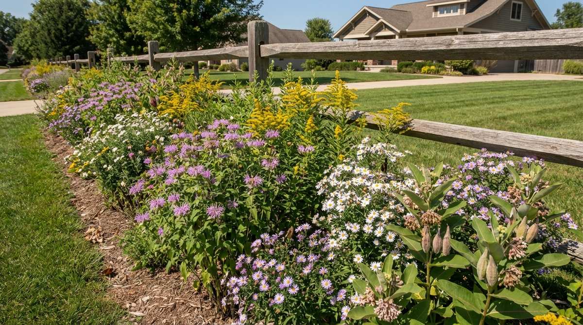 A linear planting bed along a front property line, densely packed with native plants like wild bergamot, goldenrod, aster, and milkweeds, blooming sequentially from spring to fall to support bees, butterflies, and beneficial insects, with informal edges for low maintenance.