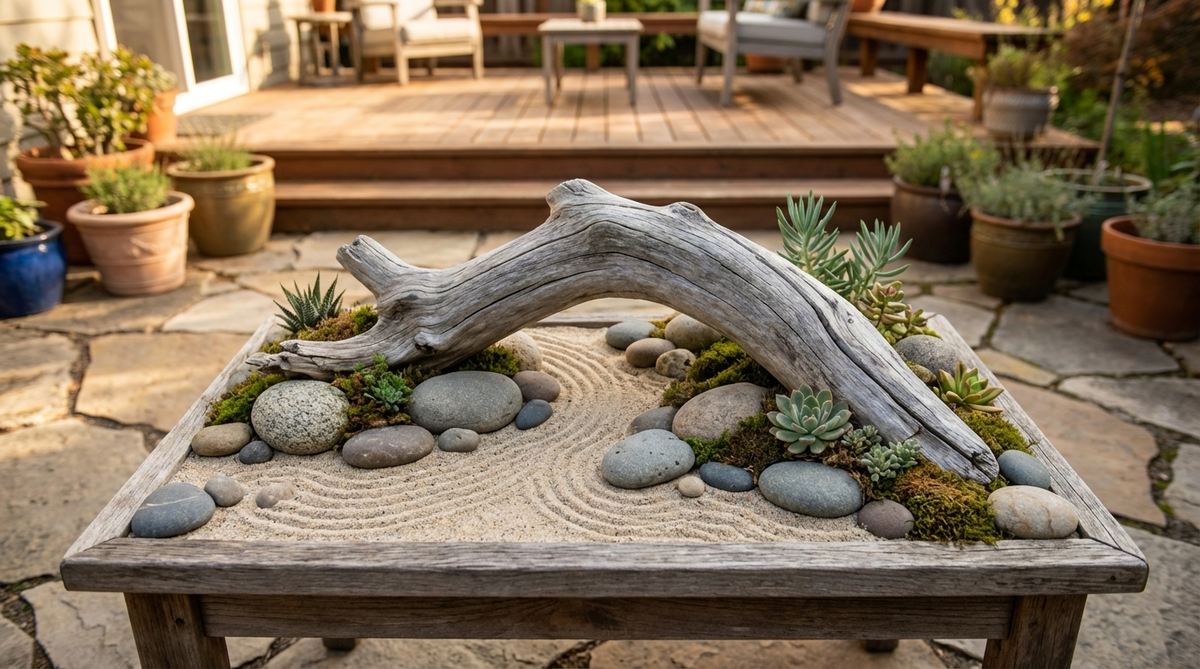 A weathered grey driftwood section adding organic texture and representing impermanence in a miniature zen garden with sand and stone arrangements.