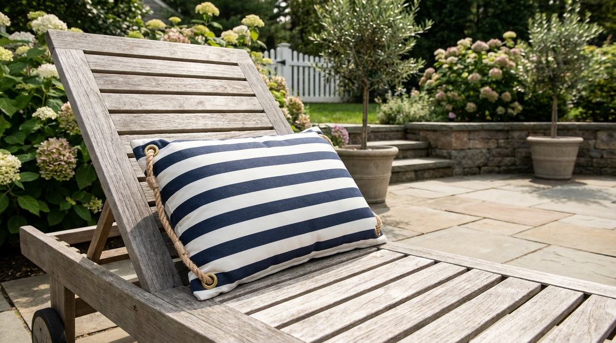 A nautical-themed outdoor pillow featuring classic navy and white stripes, perfect for coastal decor. This pillow pairs well with teak or aluminum furniture and can be accented with anchor rope details or brass grommets for an authentic maritime look.