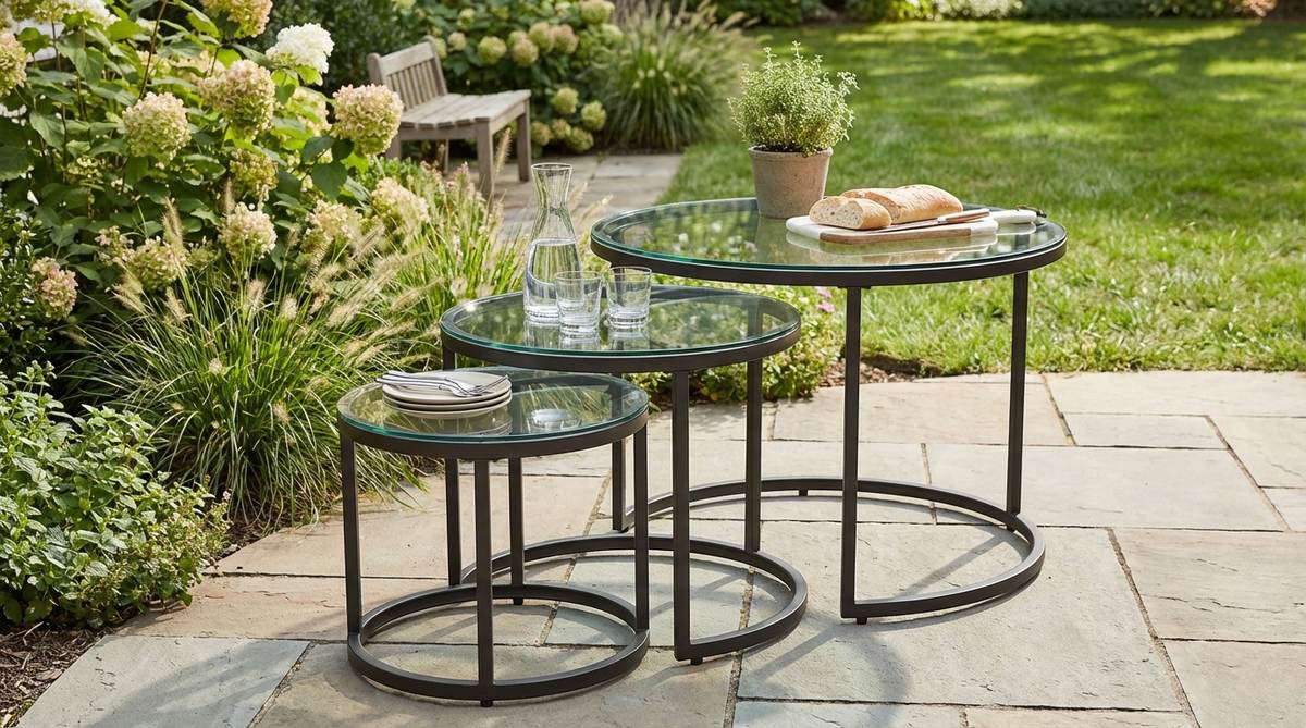 A set of three graduated nesting bistro tables, ideal for small garden spaces. The largest table is 28 inches in diameter, with mid-size at 22 inches and smallest at 16 inches, featuring metal frames with tempered glass or mosaic tops for stability and a lightweight visual appeal. Perfect for buffet-style entertaining, dining with extra side space, or everyday meals.