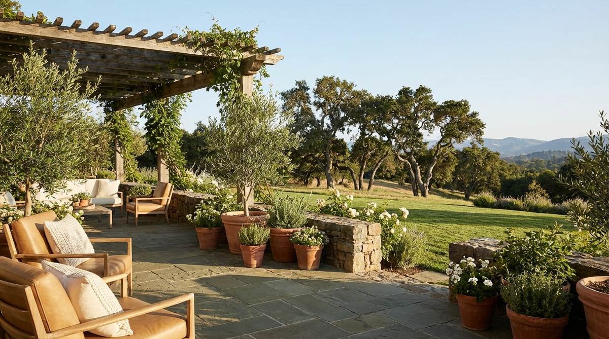 A sophisticated and rustic decor palette featuring deep olive green, warm camel, and cream white, inspired by Mediterranean hillsides with ancient trees. Ideal for accent walls, upholstery, leather chairs, woven accessories, and botanical accents like terracotta pots with live plants.