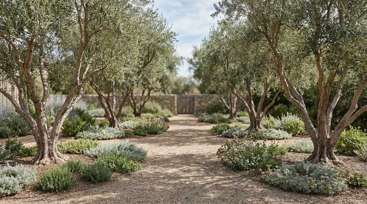 A serene gravel garden featuring multi-trunk olive trees planted at intervals, creating a dappled canopy over decomposed granite. Silver-gray foliage complements neutral gravel tones, with low-growing thyme, oregano, and sedums thriving in the partial shade below. The scene highlights sustainable landscaping with minimal irrigation and year-round visual interest.
