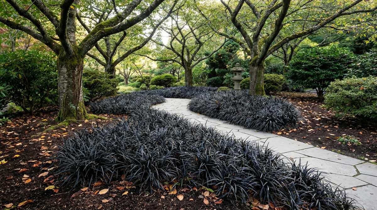 A close-up photo of Black Mondo grass (Ophiopogon nigrescens) with its near-black strap leaves forming clumping carpets in a Japanese garden setting. The dark foliage creates dramatic contrast against pale stone pathways or beneath cherry trees, highlighting its contemporary edge in traditional plantings. Ideal for shade-loving areas with well-drained acidic soil.