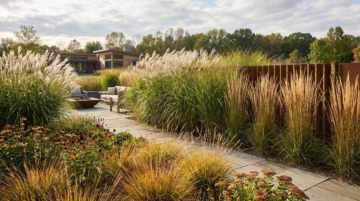 Tall ornamental grasses such as Miscanthus, Panicum, and Calamagrostis forming a permeable privacy screen in a contemporary garden, showcasing movement with wind, staggered planting for density, and four-season interest including fresh spring growth, summer flowering, warm fall tones, and architectural winter seed heads.