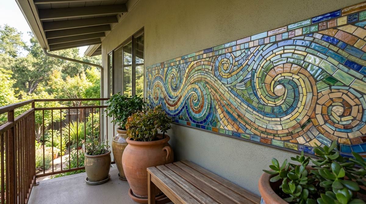A vibrant outdoor mosaic mural made of glass and ceramic tiles, designed for balcony decor. Features weather-sealed, fade-resistant patterns inspired by Mediterranean traditions or modern abstract styles, installed as a backsplash behind potted plants to add color and reflective light to shaded areas.