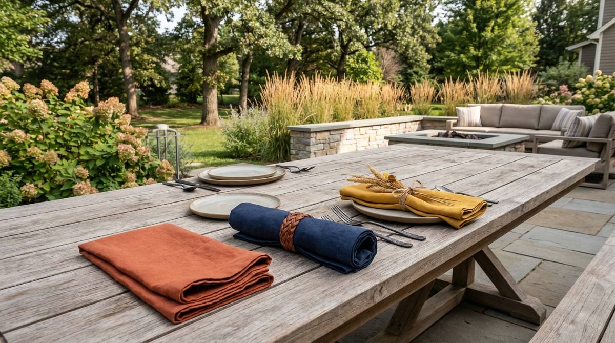 Large-format napkins in terracotta, navy, or mustard yellow colors create visual impact on a modern garden table. Folded simply or with natural napkin rings made from wood, leather, or dried botanicals, these oversized napkins add generous proportions to contemporary table settings.