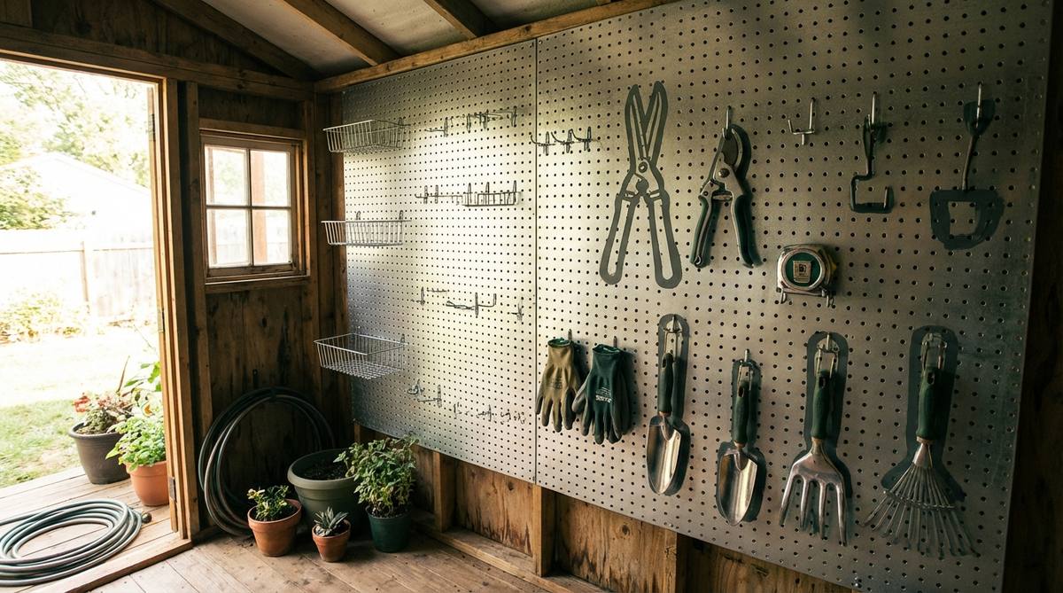 A full-wall pegboard installation in a small garden shed, featuring metal pegboard to withstand outdoor humidity. The pegboard is customized with hooks and specialized holders for tools like pruning shears and tape measures, with outlines painted or taped to designate storage spots for easy organization.