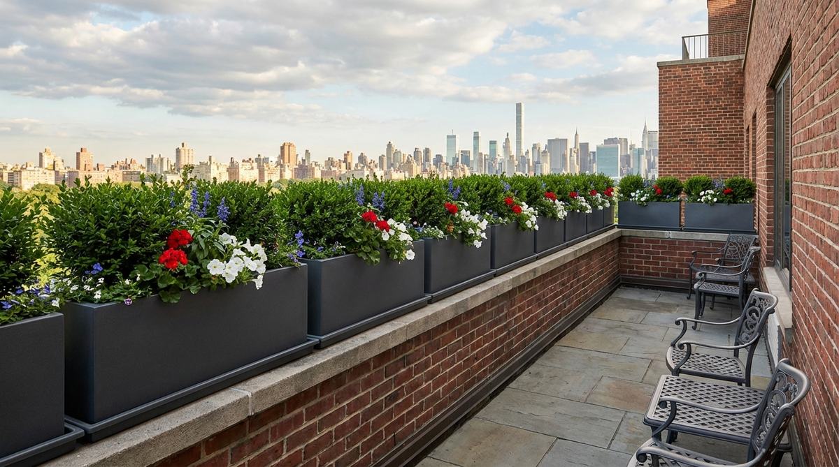 A balcony garden in NYC featuring uniform rectangular fiberglass planters along the edges, filled with evergreen boxwood and seasonal flowers, demonstrating the perimeter border strategy to define boundaries while maintaining open sightlines and preventing water overspill.