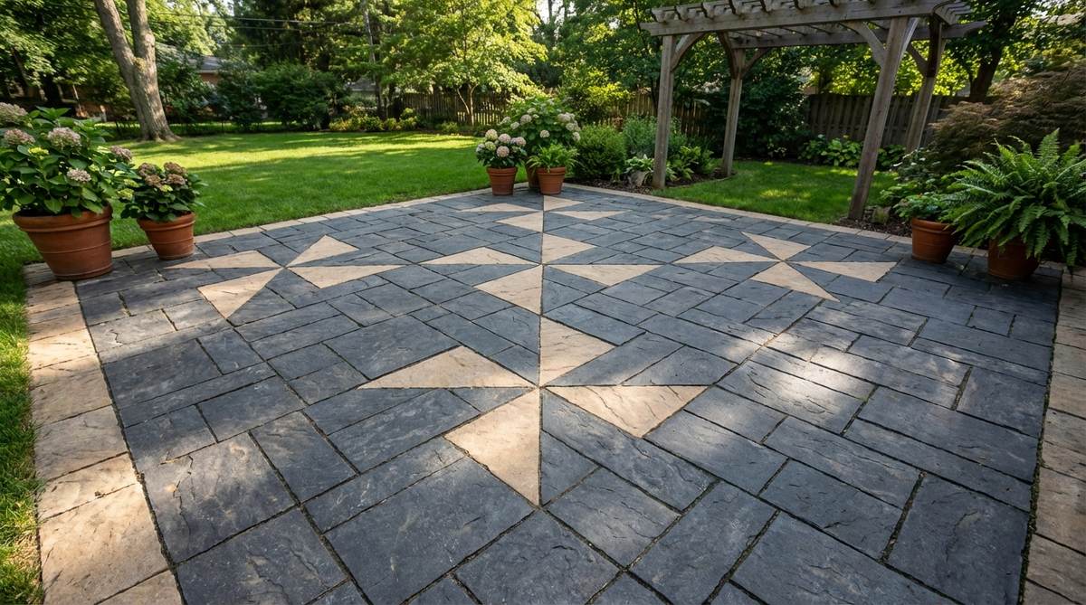 A geometric patio paving pattern showing rectangular pavers arranged around central square pavers in a repeating pinwheel or windmill motif, creating rotational visual interest on a small garden patio surface with contrasting colors emphasizing the spinning effect.