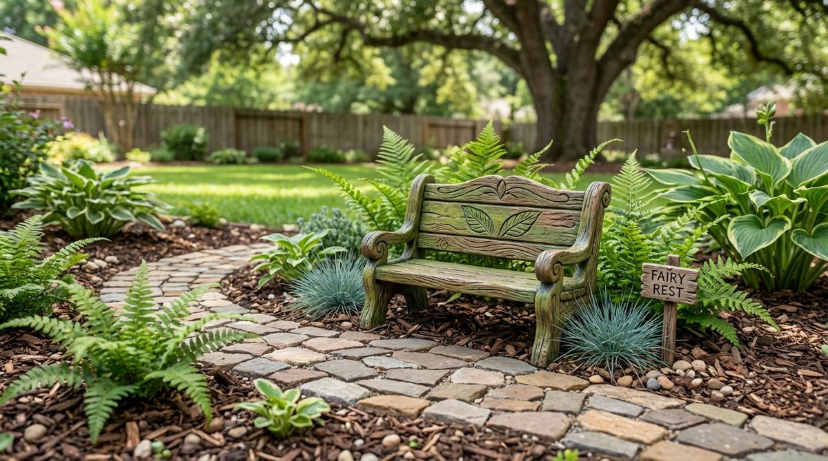 A custom-sculpted polymer clay bench for fairy gardens, featuring precise details and weather-resistant finish. Painted in mossy green and weathered wood tones, positioned along a miniature pathway to create a charming rest stop in a fairy garden aesthetic.