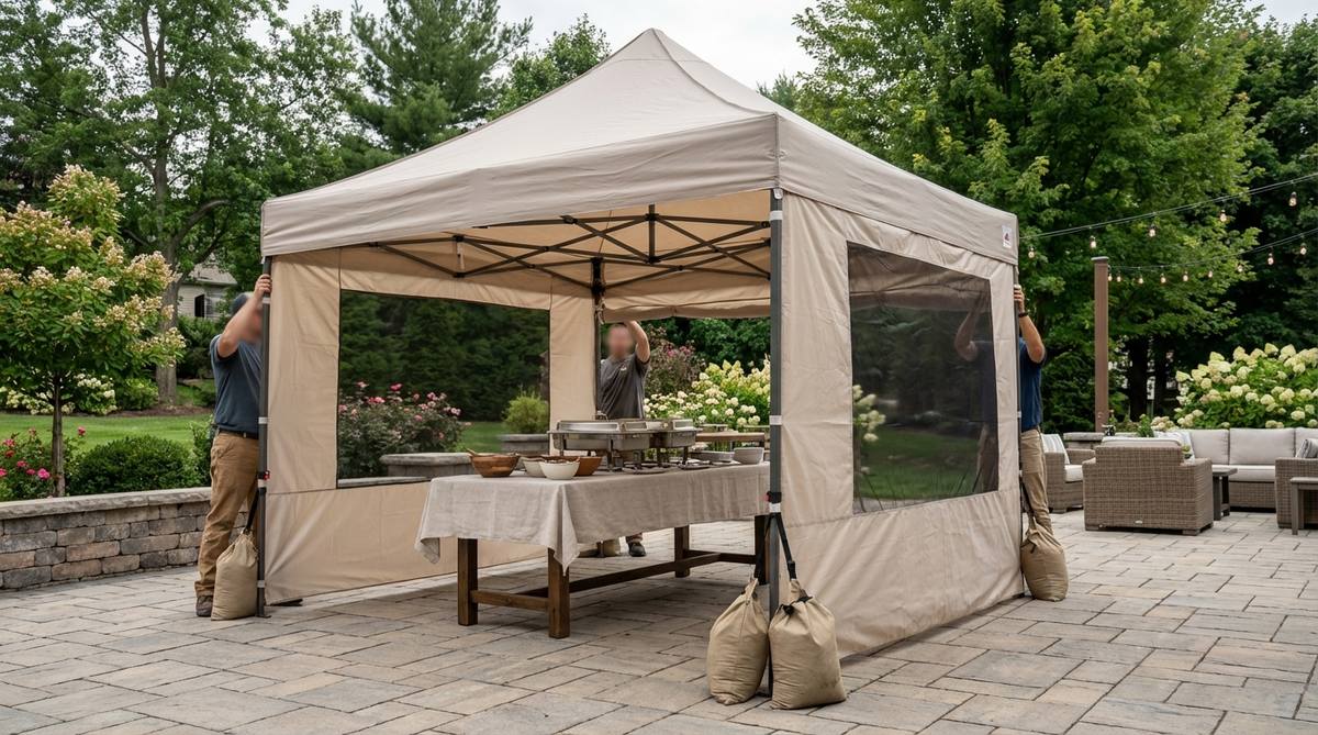 A commercial-grade pop-up canopy tent set up in an outdoor party setting, providing weather protection over a buffet station. The neutral-colored canopy blends with garden decor, featuring sidewalls for wind protection and mesh panels for ventilation. Two people are shown assembling it quickly, with weight bags ensuring stability on hard surfaces.