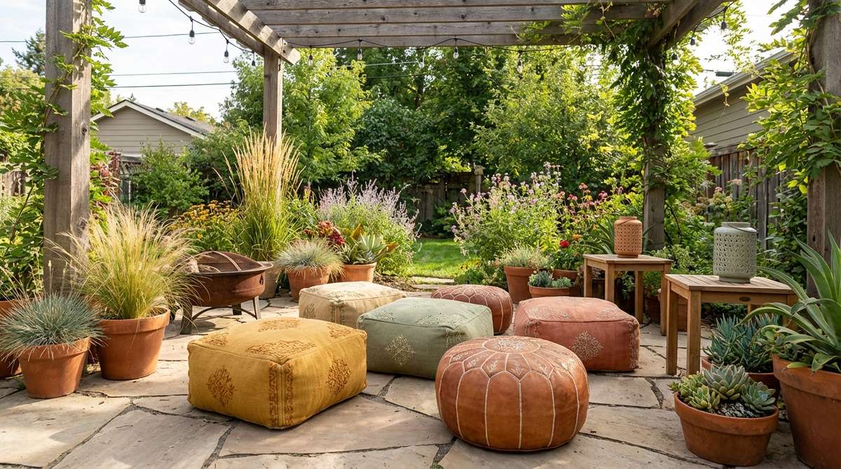 A cluster of leather and fabric poufs in mustard, sage, and terracotta colors, arranged as flexible seating in a boho garden setting. Features Moroccan-style embroidered details for authentic bohemian design.