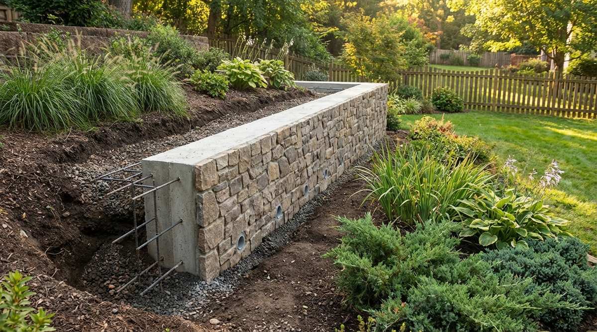 A detailed illustration of a poured concrete cantilever wall, showing the L-shaped structure with a horizontal base under backfill, rebar reinforcement, weep holes for drainage, and a finished stone veneer surface, used for stabilizing steep slopes in garden design.
