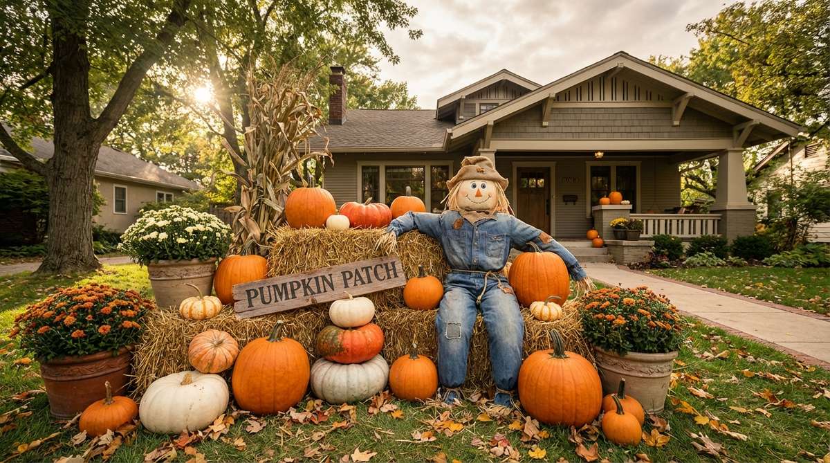 A festive Halloween pumpkin patch set up in a front yard, featuring mixed sizes and colors of pumpkins and gourds arranged on straw bales with a scarecrow, creating a storybook scene for trick-or-treaters and family photos.