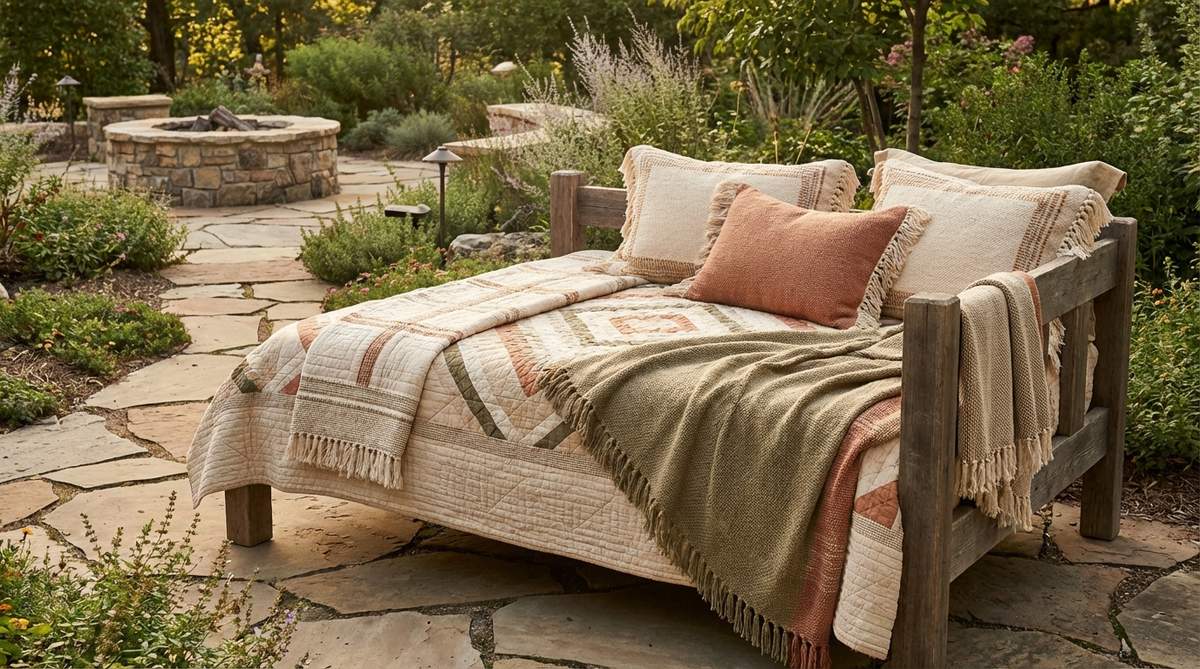 A natural cotton quilted bedspread with geometric quilting patterns that add visual texture and tactile warmth, layered with throws and pillow shams to create a modern boho decor style.