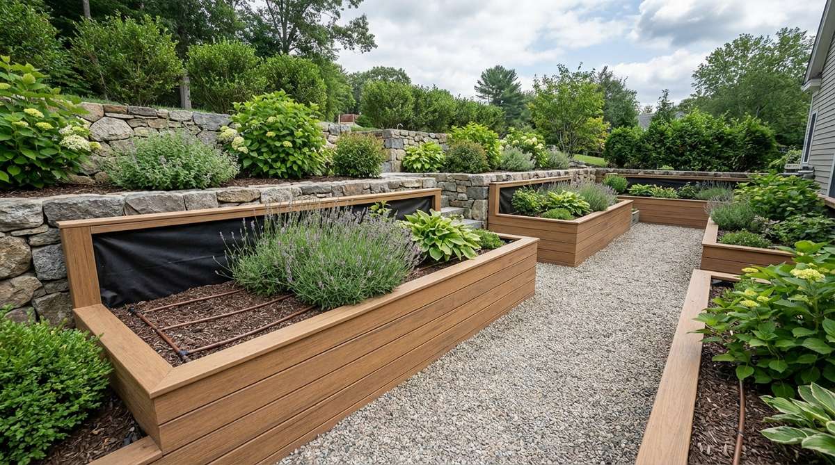A detailed illustration showing wooden or composite lumber frames built against terrace walls to create raised bed perimeter borders. The design maximizes planting area while maintaining clear circulation paths, with beds positioned at 18-24 inch heights for comfortable access. The image highlights key features like waterproof membrane lining to protect walls, drip irrigation tubing installed beneath mulch layers, and permanent planting zones for perennials and shrubs. The elevated design reduces bending strain during garden maintenance.