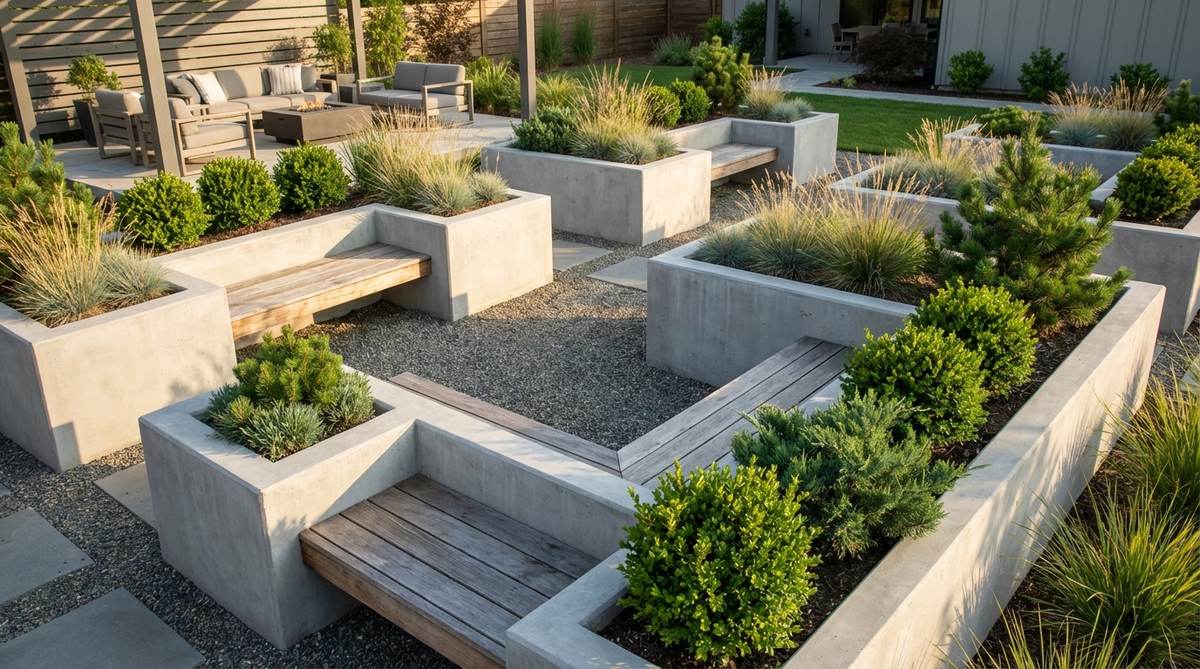A contemporary garden featuring modular raised rectangular bed modules with concrete walls. The planters are arranged in a geometric pattern, showcasing low-maintenance evergreens and ornamental grasses. The design demonstrates how these 18-24 inch tall structures create both functional planting spaces and casual seating areas in modern landscape architecture.