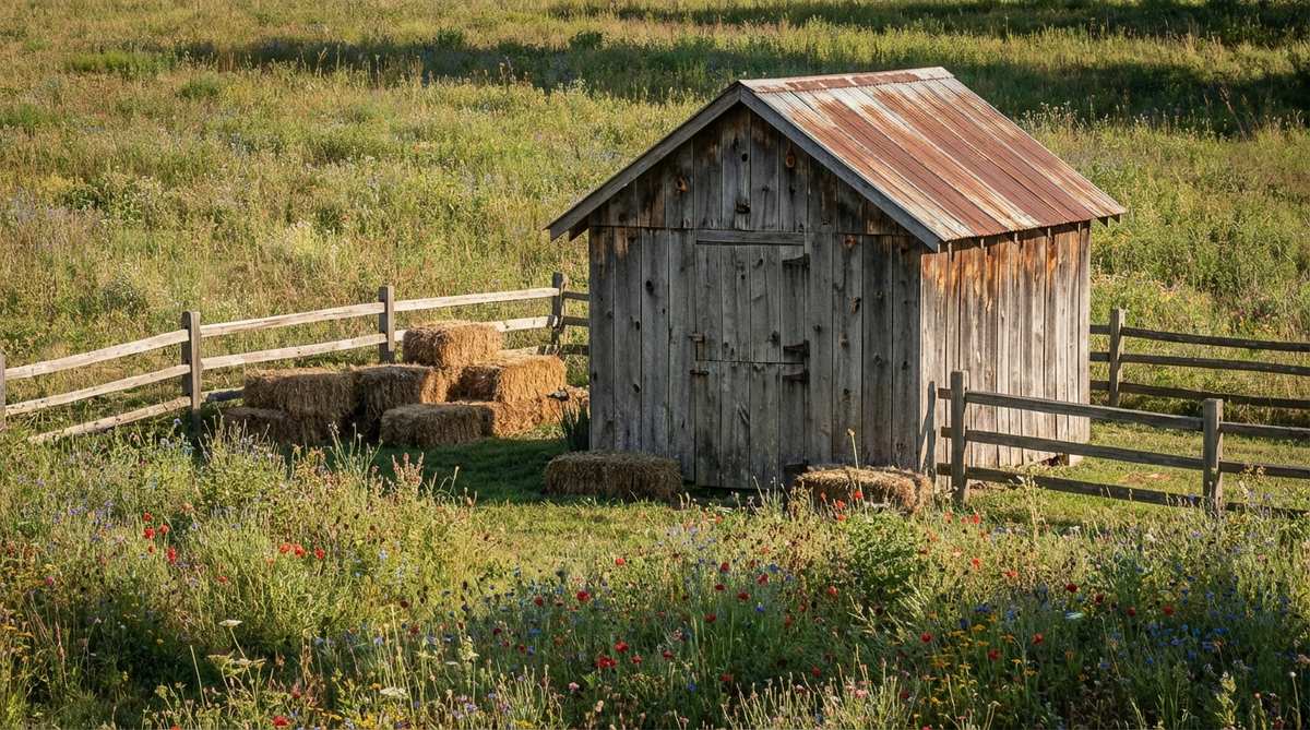 A rustic mini garden shed made from reclaimed barn wood, featuring weathered gray planks with realistic grain patterns, knots, and age discoloration, complemented by a metal roof with rust patina. Ideal for rustic country settings, it pairs well with split-rail fencing, hay bale accessories, and wildflower meadows, offering a neutral palette that blends seamlessly with botanical surroundings.