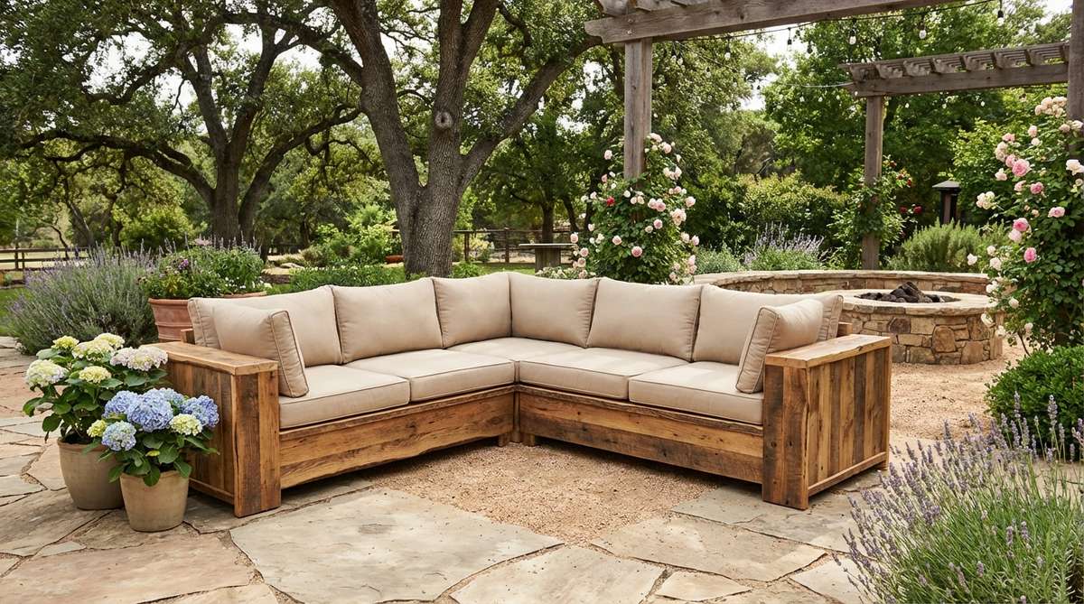 A rustic modular garden furniture set made from reclaimed wood with natural live edge details, featuring visible grain patterns and chunky proportions for stability. The set includes protective sealant and water-resistant cushions, suitable for farmhouse or cottage garden styles with flexible linear or L-shaped configurations.