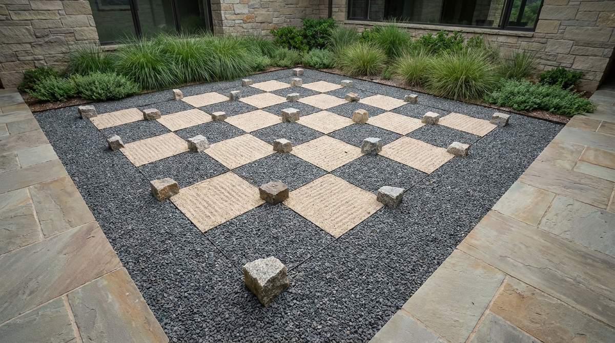 A close-up view of gravel raked in a precise rectangular grid pattern, forming a checkerboard of positive and negative spaces with stones strategically placed at the intersections. This formal geometric design, typical in Japanese gardens, contrasts the rigid lines with organic rock shapes, highlighting the tension between human architectural order and natural forms. Ideal for enclosed courtyards, the image showcases the meticulous craftsmanship and aesthetic balance in traditional garden design.