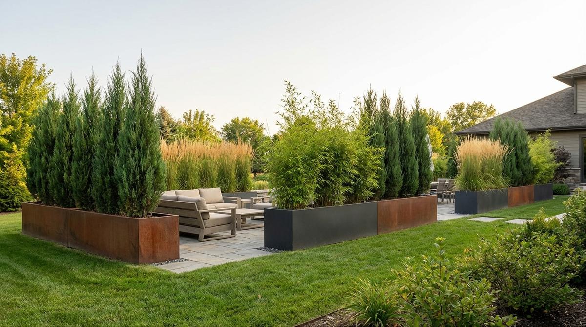 A modern garden decor image showcasing long, narrow rectangular planter screens made from weathered steel, powder-coated aluminum, or wood composite materials. These planters function as living walls, defining space with vertical plantings of columnar evergreens, bamboo, or tall ornamental grasses, creating a visual contrast between the horizontal planter form and the repeating vertical lines of the plants.