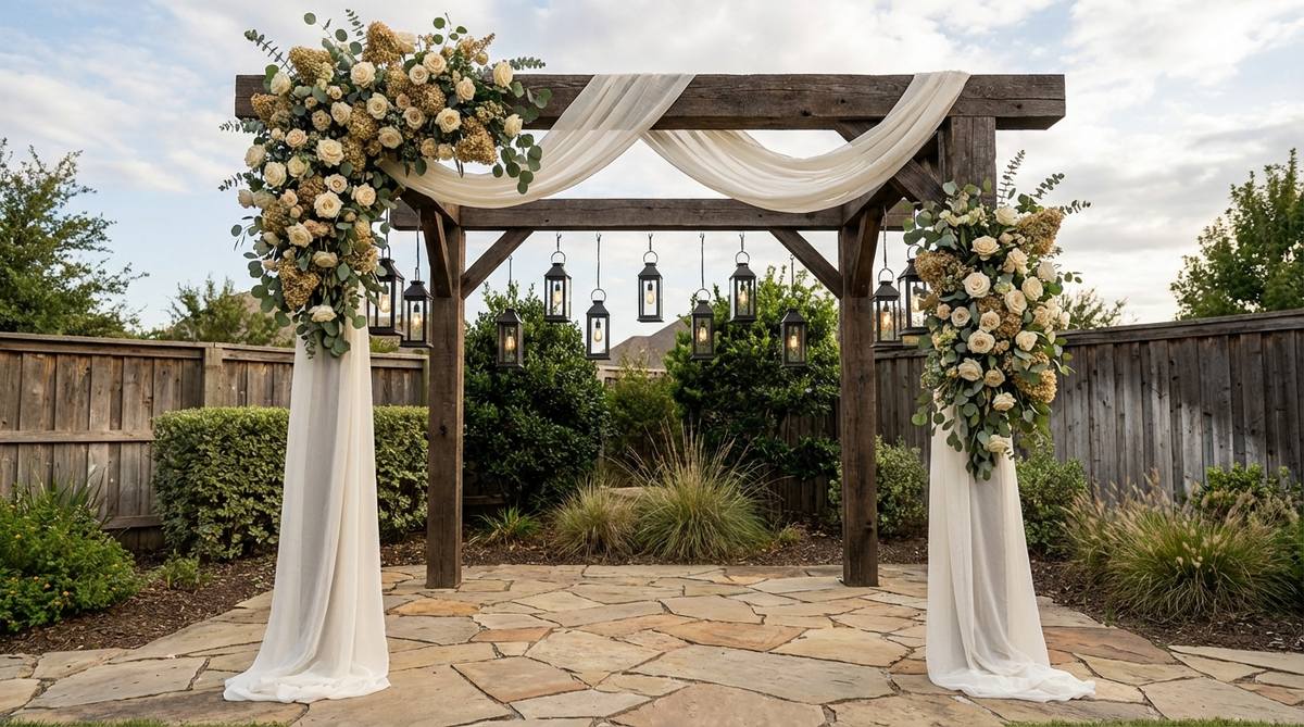 A rustic rectangular wood arbor made from timber beams, measuring 8 feet wide by 9 feet tall, featuring floral arrangements concentrated at the upper corners. This durable structure accommodates fabric draping from the top beam and serves as a base for hanging lanterns or Edison lights, ideal for outdoor wedding decor.