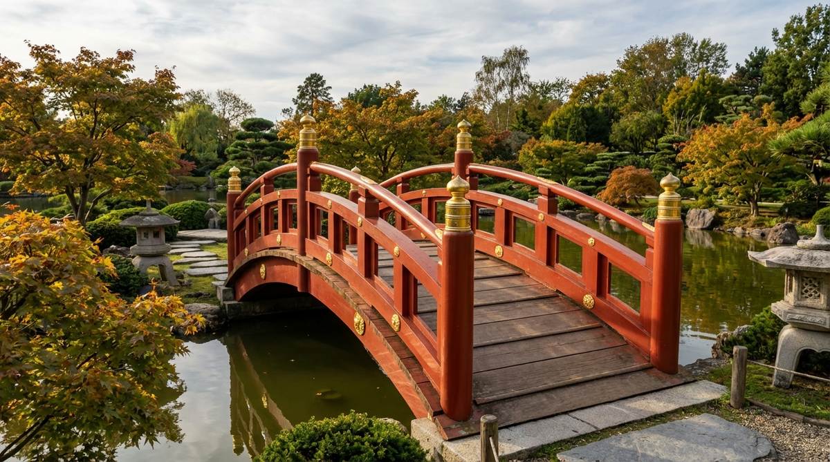 A red drum bridge in a Japanese garden, featuring gold leaf accents on railing finials, post caps, and decorative medallions. The gold highlights elevate the bridge to architectural jewelry, catching sunlight to create shimmer points throughout the day, ideal for formal gardens or temple-inspired spaces.