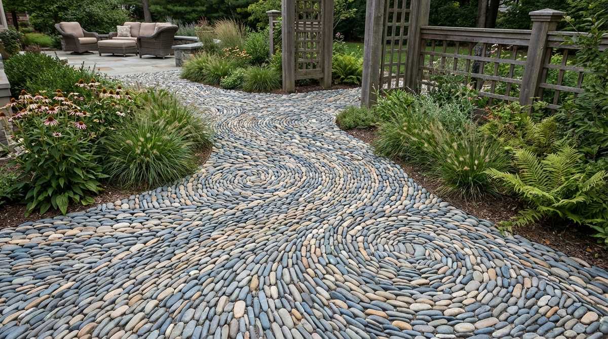 A detailed stone garden mosaic featuring undulating lines of blue, gray, and tan pebbles arranged to mimic water movement. The design shows parallel curves suggesting river current, with swirls indicating eddies or rapids, using elongated stones and color gradients to create depth and directional flow in a pathway setting.