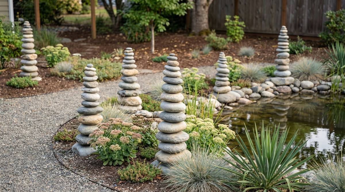 Stacked river rock cairns in a garden setting, showing smooth stones balanced without mortar to create vertical interest in low water-wise plantings. These stone columns reference Japanese and Zen design traditions, placed along pathways or at pond edges to introduce human scale to naturalistic garden decor.