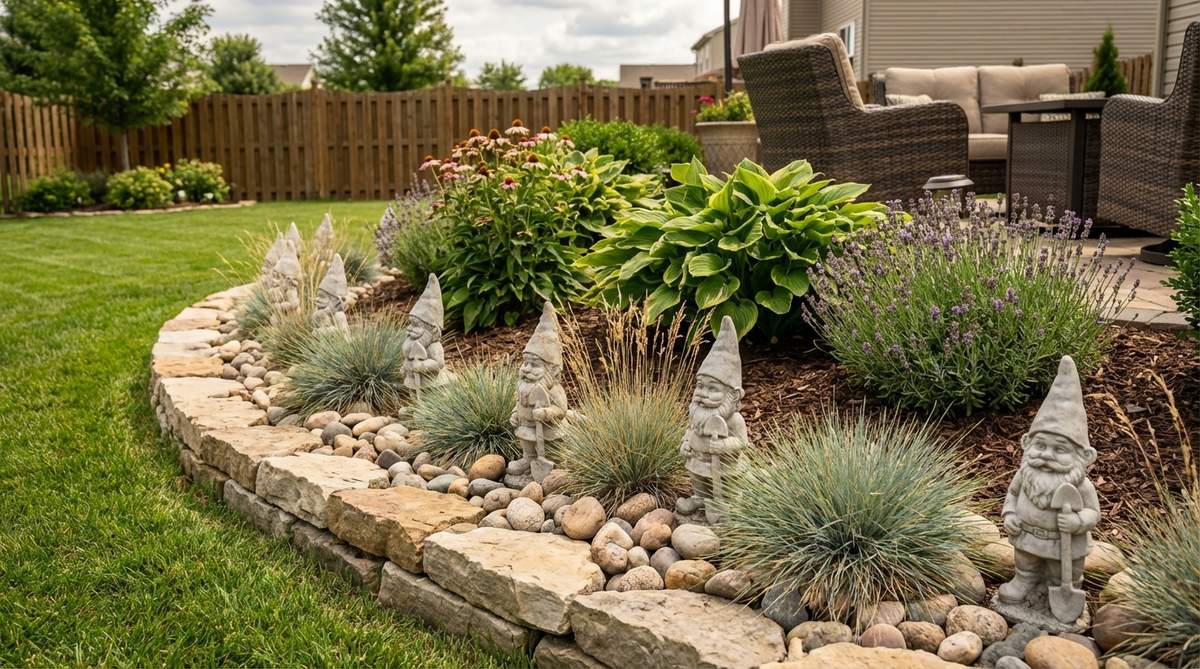 A line of miniature garden gnomes arranged along a low rock border, serving as playful garden guards. The gnomes alternate with small rocks and ornamental grasses, creating a structured yet whimsical boundary that defines planting areas while adding decorative charm to garden beds.