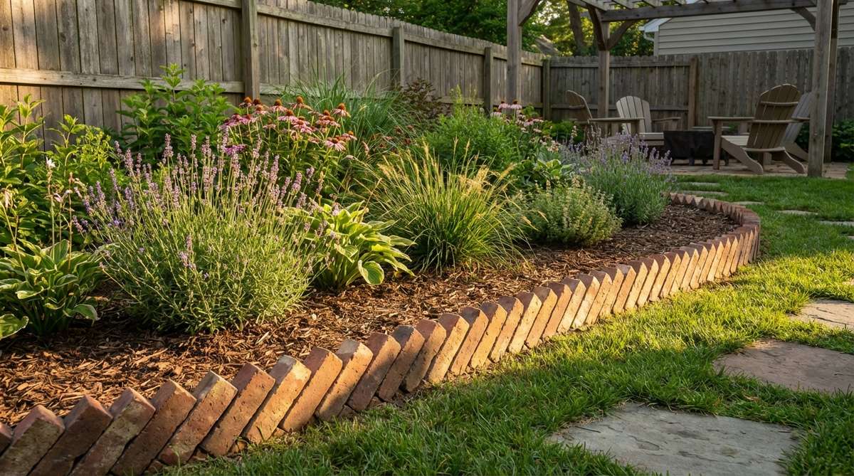 A garden border design featuring bricks arranged at 45-degree angles to create continuous triangular peaks along the perimeter. This cottage-style saw-tooth pattern creates playful dimension and suits informal planting schemes, with angled faces catching afternoon light to enhance visual texture through shadow patterns.