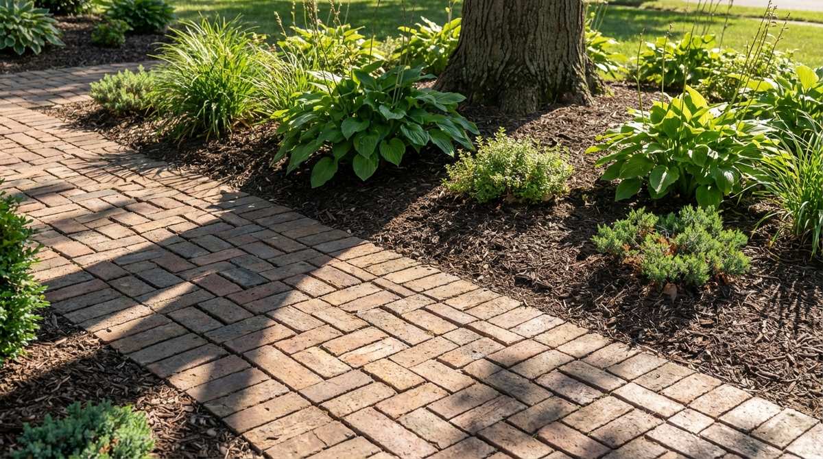 A close-up photo showing angled bricks arranged at 45 degrees in alternating directions to create a distinctive zigzag profile. This dynamic edge treatment adds visual interest to straight garden bed lines, with sunlight creating shadow patterns that animate the border. The interlocking pattern works particularly well around tree rings and softens rigid property lines.