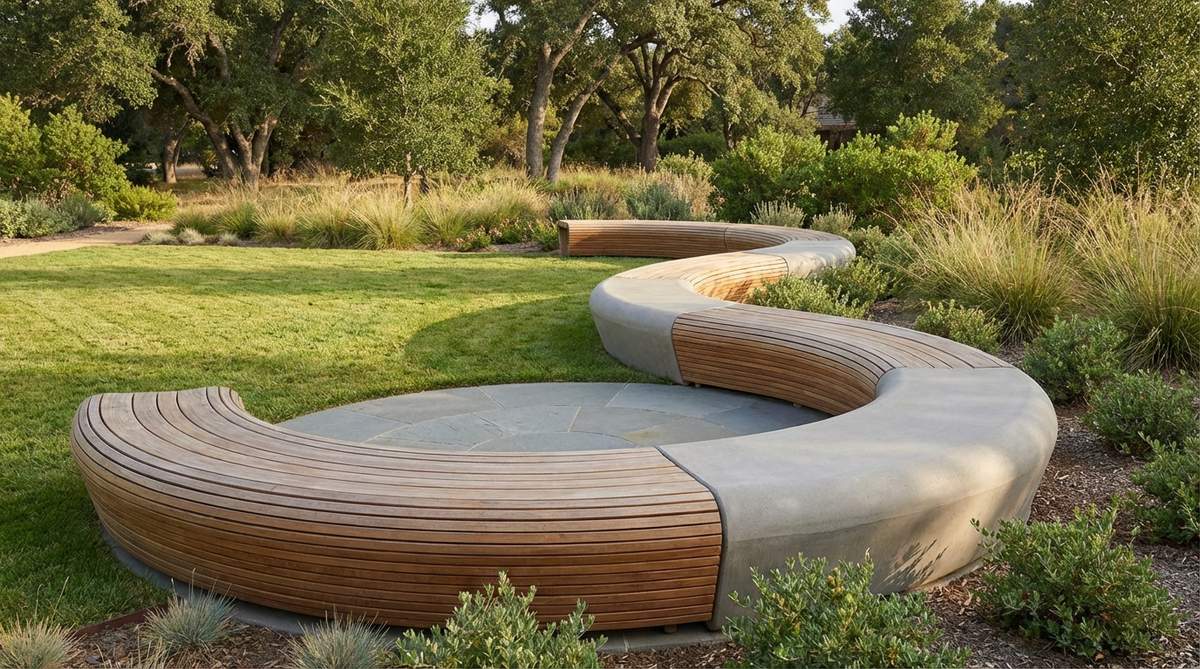 A contemporary S-curved garden bench with continuous flow design, featuring dynamic seating that appears to ripple through the landscape. The serpentine form creates natural traffic flow and works brilliantly in open lawn areas or plaza-style patios. Fabricated from molded concrete, bent steel, or laminated wood for a seamless sculptural presence.