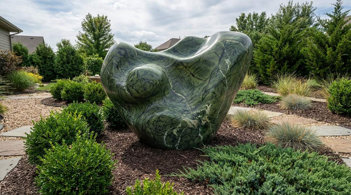 A fluid organic sculpture carved from deep green serpentine stone, showcasing natural patterns and veining that create unique visual interest. Hand-carved by African sculptors using traditional Shona techniques, this weather-resistant piece serves as a cultural bridge in contemporary garden landscapes, positioned among evergreen plantings for striking contrast.