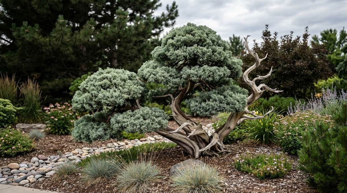 A mature Shimpaku Juniper bonsai with compact silvery-green scale foliage, showcasing dense foliage pads developed through seasonal pruning cycles. The specimen features traditional jin and shari deadwood carving techniques that create aged appearance, complementing darker pine compositions in Japanese garden settings.