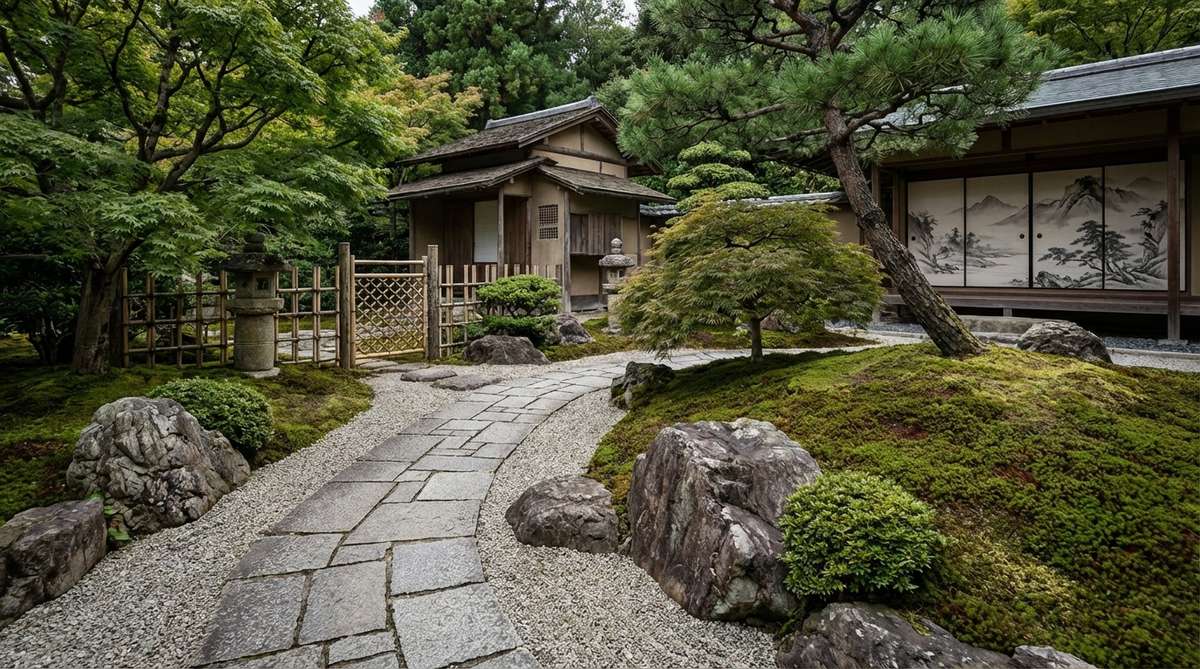 A view of the Shinju-an Temple Tea Garden Approach, showcasing a Zen garden that blends karesansui dry landscape with tea garden aesthetics, featuring stone pathways, moss gardens, and artistic influences from Kano Motonobu and Kano Eitoku, designed for contemplative movement and changing perspectives.