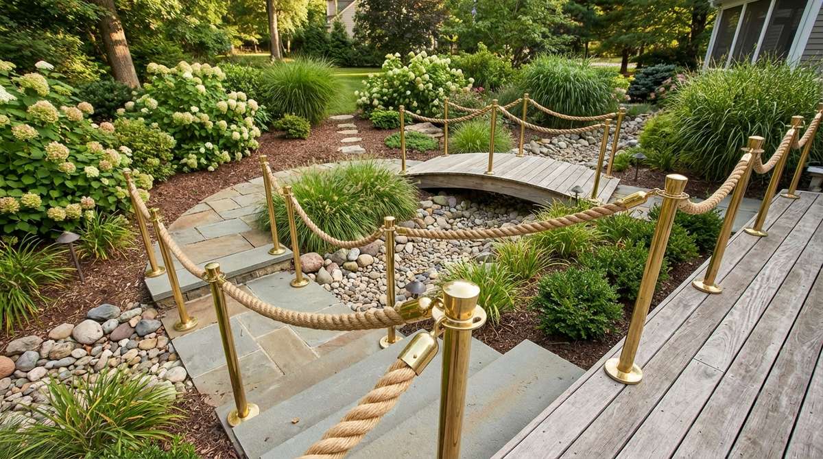 A nautical outdoor decor feature showing thick manila rope railings with brass hardware, used for stairways, deck perimeters, and bridge crossings to enhance summer aesthetics with authentic maritime style.