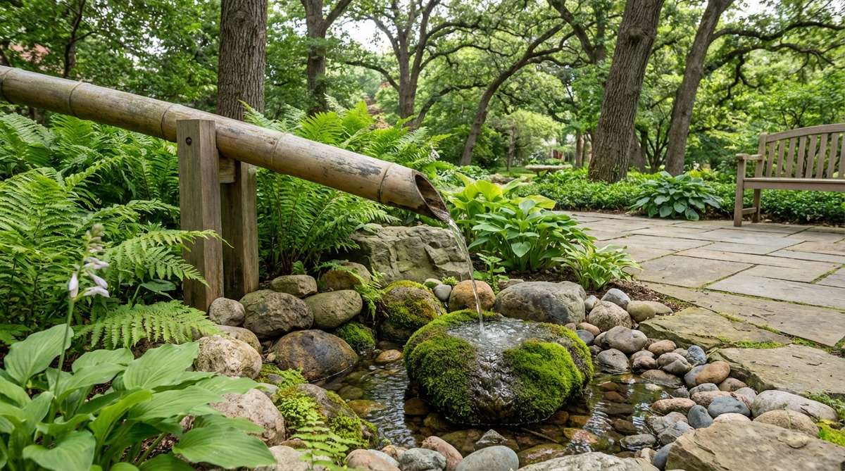 A traditional Japanese shishi-odoshi deer scarer fountain with a pivoting bamboo arm that fills with water and tips to strike a stone, creating a rhythmic clacking sound. The fountain operates on 30-50 second cycles, adding kinetic energy and auditory interest to contemplative garden spaces.