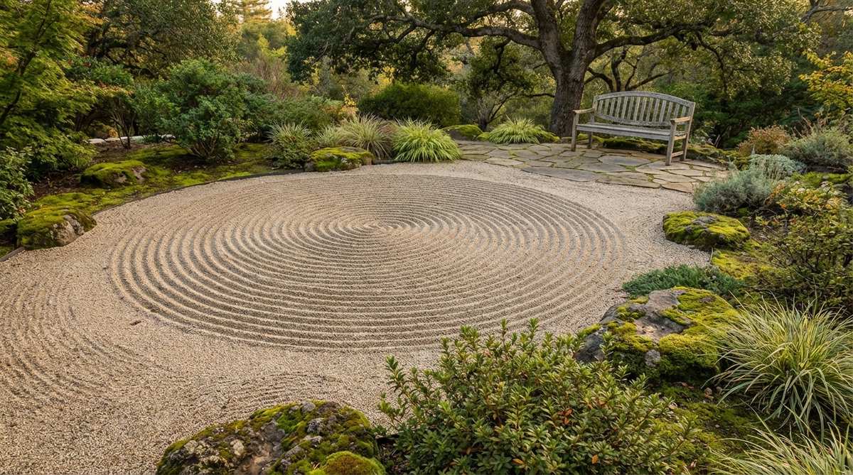 A detailed illustration of the Uzumaki-mon pattern in a zen garden, showing concentric ripples arranged sideways to create a whirlpool or vortex effect. The spiraling curves represent dynamic water flow and swirling ocean currents, with consistent spacing between each spiral arm for visual harmony. This pattern demonstrates the Japanese aesthetic principle of asymmetric balance when positioned off-center in a sand garden.